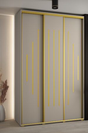 Šatní skříň Dakota 12 s posuvnými dveřmi a zlatými úchyty.