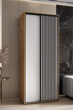 Šatní skříň Lanko 1 s bílým korpusem a dubovými dveřmi.