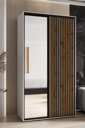 Šatní skříň Lanko 2 s bílým korpusem a dubovými dveřmi.