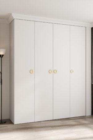 Šatní skříň Como 1 s bílými dveřmi a zlatými úchyty