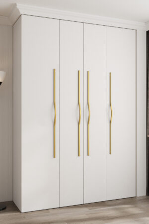 Šatní skříň Como 2 s bílou barvou a zlatými úchyty.