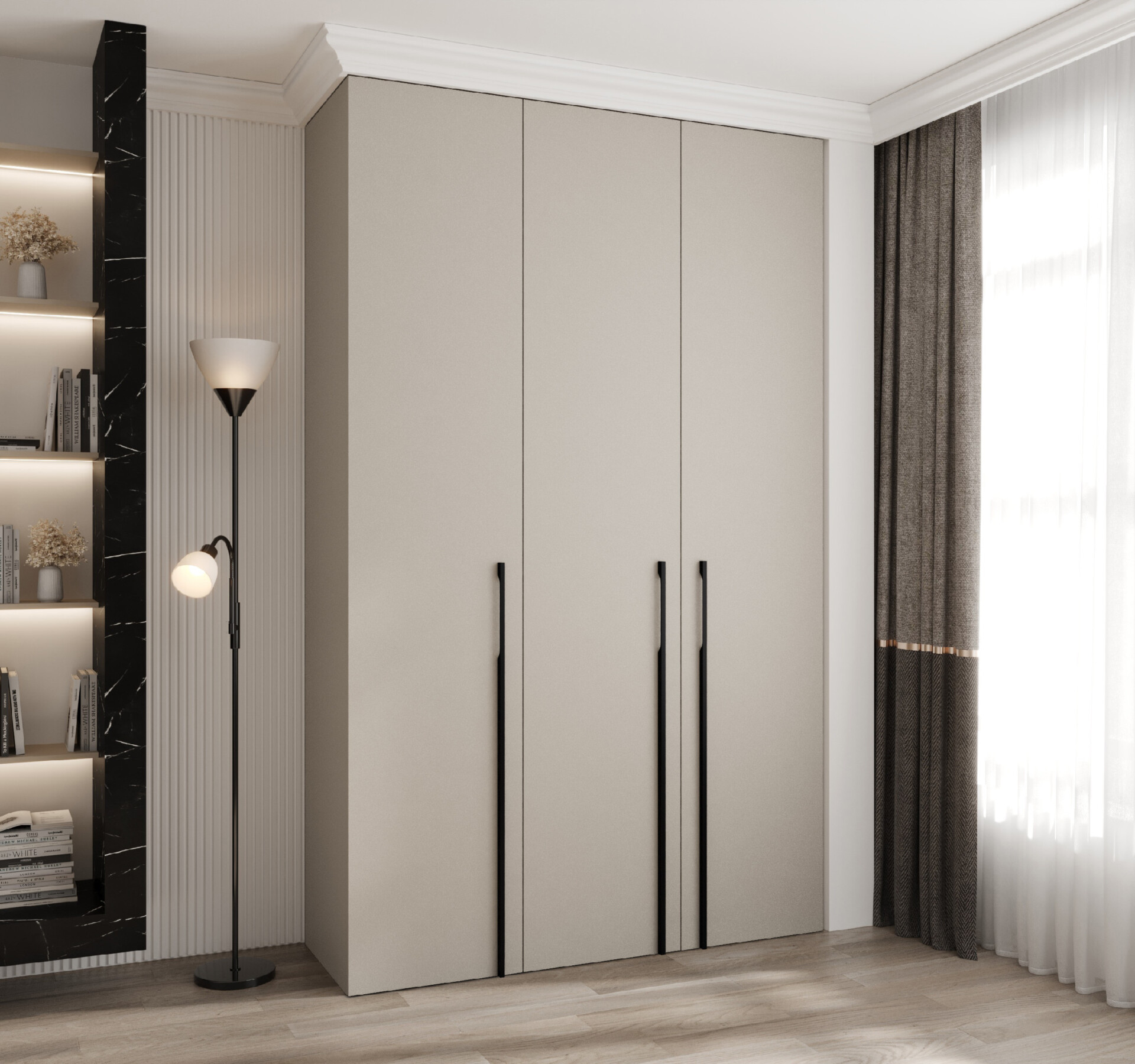 Šatní skříň Como 3 s kašmírovou barvou a černými úchyty