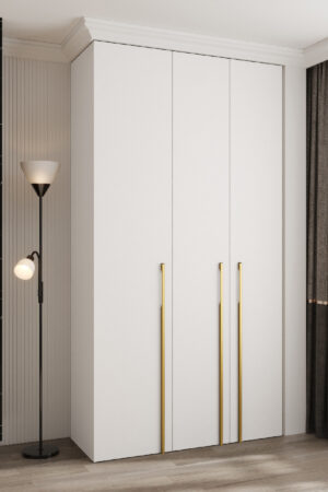 Šatní skříň Como 3 s bílým korpusem a zlatými úchyty
