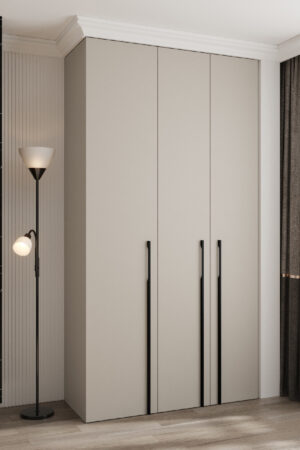 Šatní skříň Como 3 v kašmírové barvě s černými úchyty.