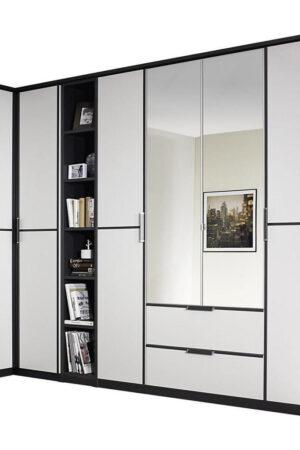 Rohová šatní skříň se zrcadlem v šedé a bílé barvě