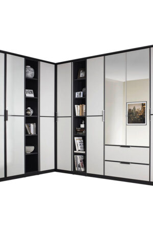 Rohová šatní skříň se zrcadlem v šedé a bílé barvě