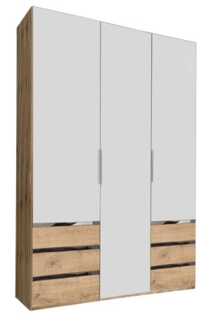 Bílá šatní skříň s otočnými dveřmi a dubovým dekorem
