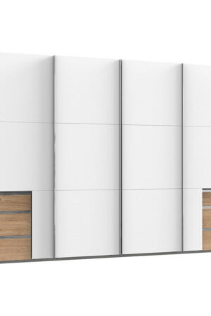 Bílá skříň s posuvnými dveřmi a dubovými detaily