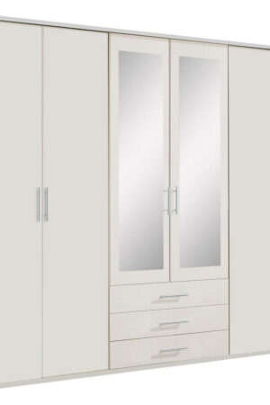 Bílá šatní skříň se zrcadlem 270 cm, 6 dveří, 3 zásuvky