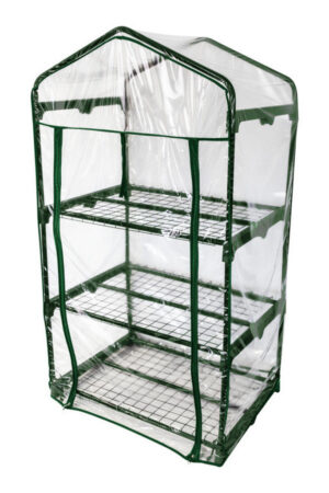 Skleník na balkon s třemi policemi a kovovou konstrukcí