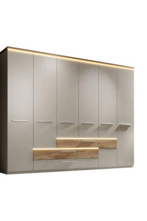 Šatní skříň barvy dubu a šampaňské, rozměry 301x229,4x61 cm