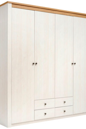 Bílá šatní skříň s otočnými dveřmi a čtyřmi zásuvkami.