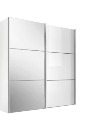 Bílá skříň s posuvnými dveřmi a zrcadlem