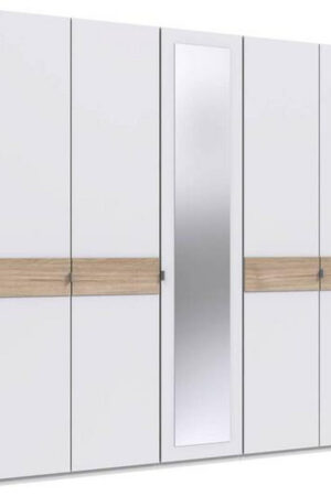 Bílá šatní skříň se zrcadlem a barvami dubu a ořechovce