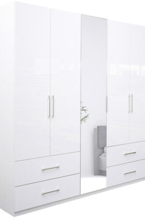 Bílá vysoce lesklá šatní skříň s zrcadlem a šuplíky