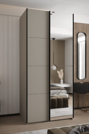 Šatní skříň Lux 3 s bílým korpusem a dubovými dveřmi.