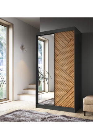 Šatní skříň Marrphy II v černé barvě se dubovými dveřmi