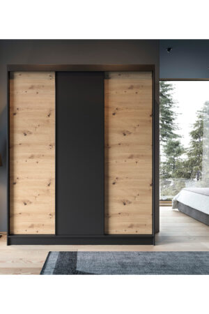 Šatní skříň Esville III v černé barvě s dubovými dveřmi