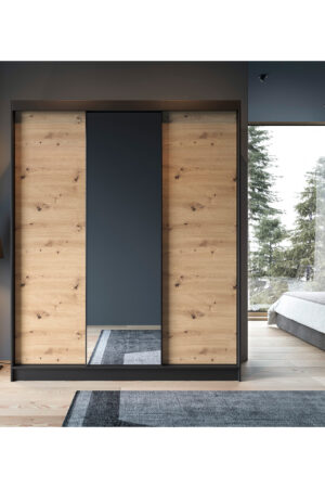 Šatní skříň Esville III v černé barvě s dubovými dveřmi