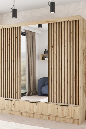 Šatní skříň Voodi III s posuvnými dveřmi v dub artisan