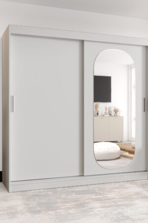 Šatní skříň Abi Royal s bílými posuvnými dveřmi a zrcadlem.