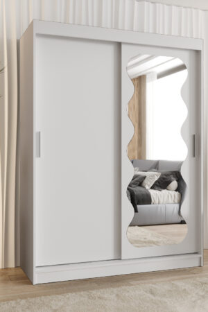 Šatní skříň Abi Spoti s bílými posuvnými dveřmi a zrcadlem.