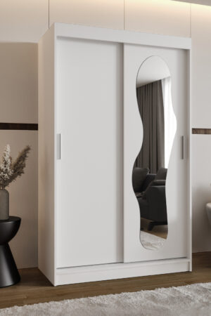 Šatní skříň Abi Ultra s bílými posuvnými dveřmi a zrcadlem.
