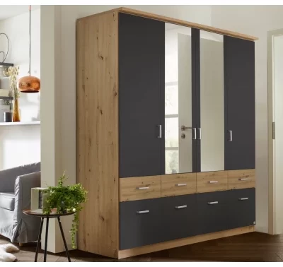 Šatní skříň Bremen s zrcadly v dekoru dub artisan a tmavě šedé.