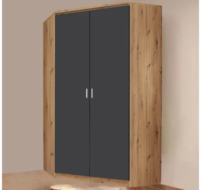 Rohová šatní skříň Bremen v dub artisan a tmavě šedé.
