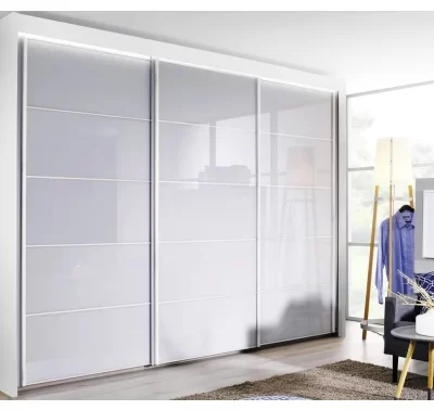 Šatní skříň s osvětlením Imperial, bílá/bílé sklo