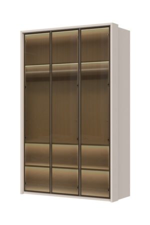 Sestava skříní OPERA se skleněnými dveřmi a osvětlením.