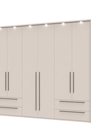 Sestava skříní OPERA s rámem a osvětlením v Cashmere barvě.