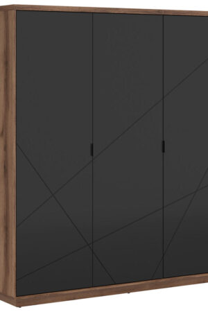 Černá šatní skříň s otočnými dveřmi a tmavým dubem