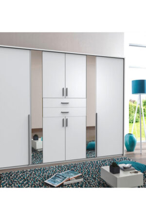 Bílá šatní skříň se zrcadlem a prostornými úložnými prostory