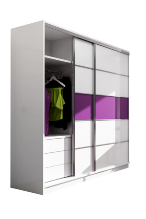 Moderní šatní skříň Dubaj s fialovým sklem