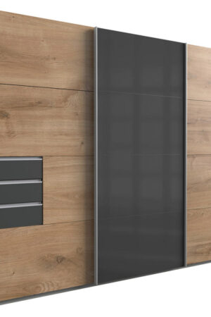 Skříň s posuvnými dveřmi v barvách grafitu a dubu