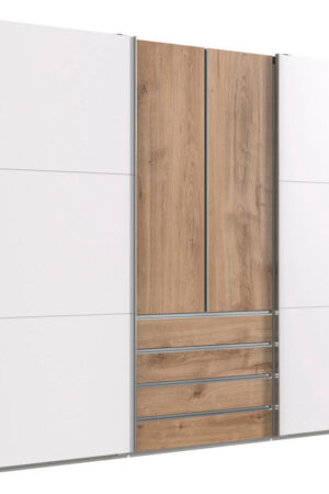 Skříň s posuvnými dveřmi bílé barvy a dubovými detaily