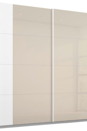 Bílá skříň s posuvnými dveřmi a skleněnými prvky