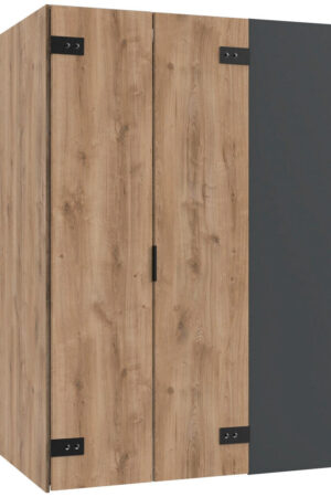 Rohová šatní skříň v grafitové a dubové barvě
