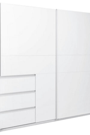 Bílá šatní skříň s posuvnými dveřmi a zásuvkami