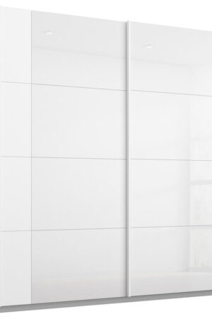 Bílá skříň s posuvnými dveřmi a skleněnými prvky