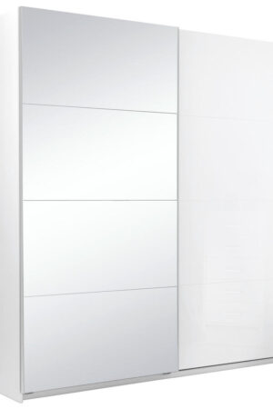 Bílá šatní skříň s posuvnými dveřmi a zrcadlem