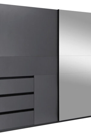 Grafitová šatní skříň s posuvnými dveřmi a zrcadlem.