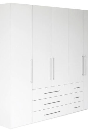 Bílá šatní skříň s otočnými dveřmi a lesklým povrchem