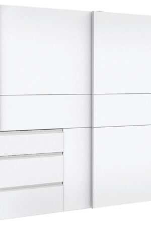 Bílá skříň s posuvnými dveřmi a šuplíky