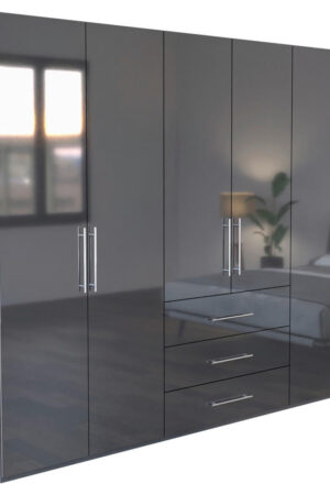 Šatní skříň antracitová, vysoce lesklá, 6 dveří, 3 zásuvky
