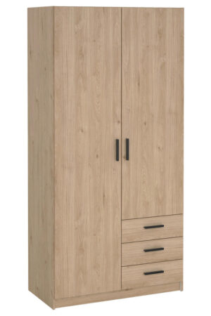 Šatní skříň v barvě dubu s dvěma dveřmi a třemi zásuvkami