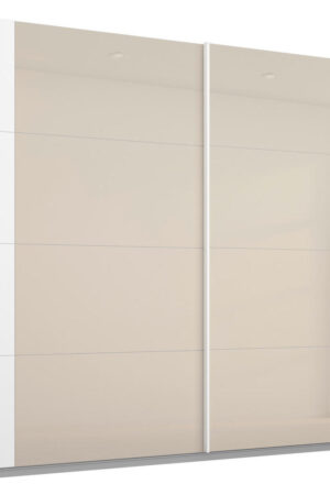 Bílá skříň s posuvnými dveřmi a skleněnými prvky