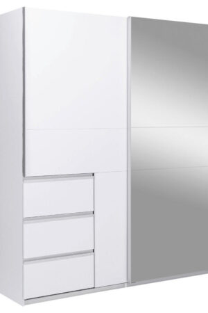 Bílá šatní skříň s posuvnými dveřmi a zrcadlem