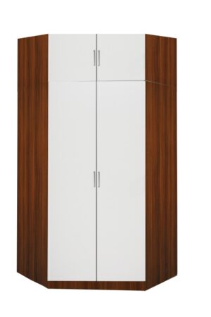 Rohová skříň BUANG ořech/bílá s poličkami a šatní tyčí